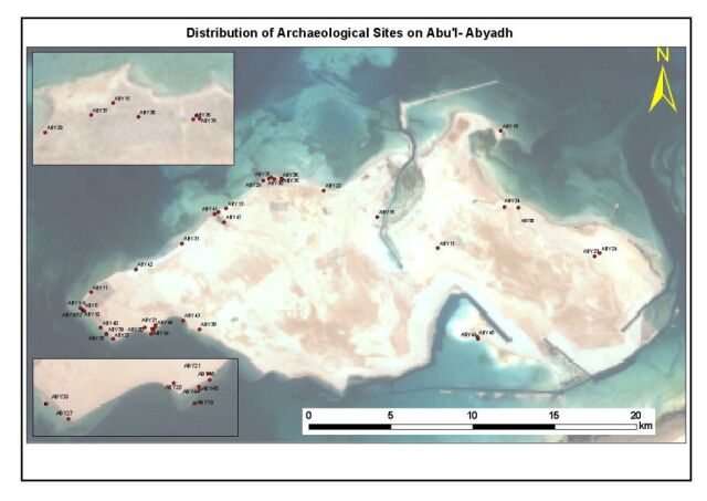 Map of distribution of archaeological sites on Abu Al-Abyadh (Source: ADIAS)