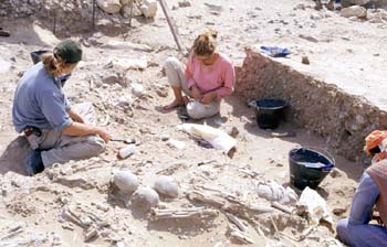 Dr Henrikke Kiesewetter (centre) and colleagues on the excavation at Jebel Buhais (Photograph by Dr Mark Beech)